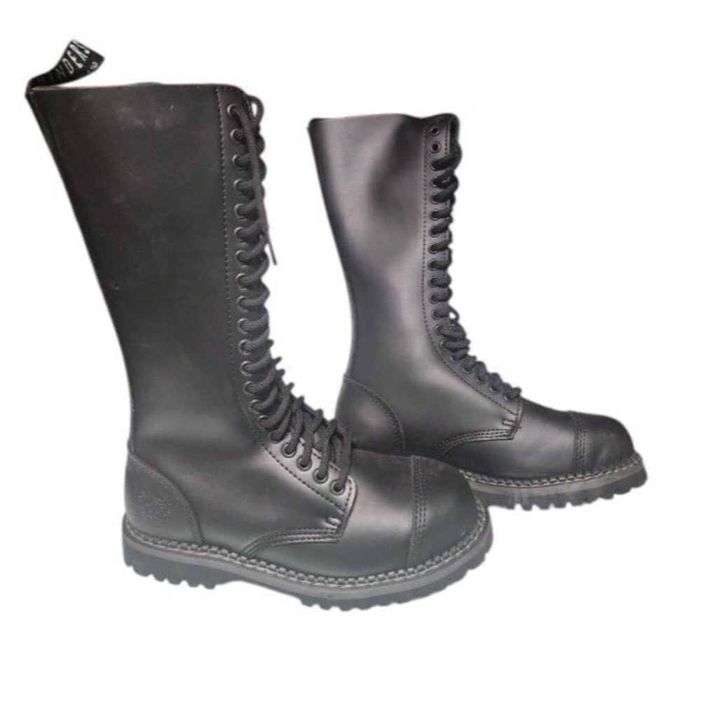 Grinders London England Black 20-Eye Leather Steel Toe Boots Size EU 39 King CS